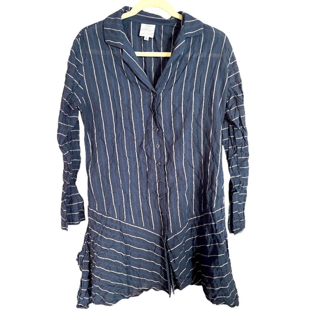 Spirit House Navy Blue Striped Tunic Top  Button Down‎ Shirt Size Small